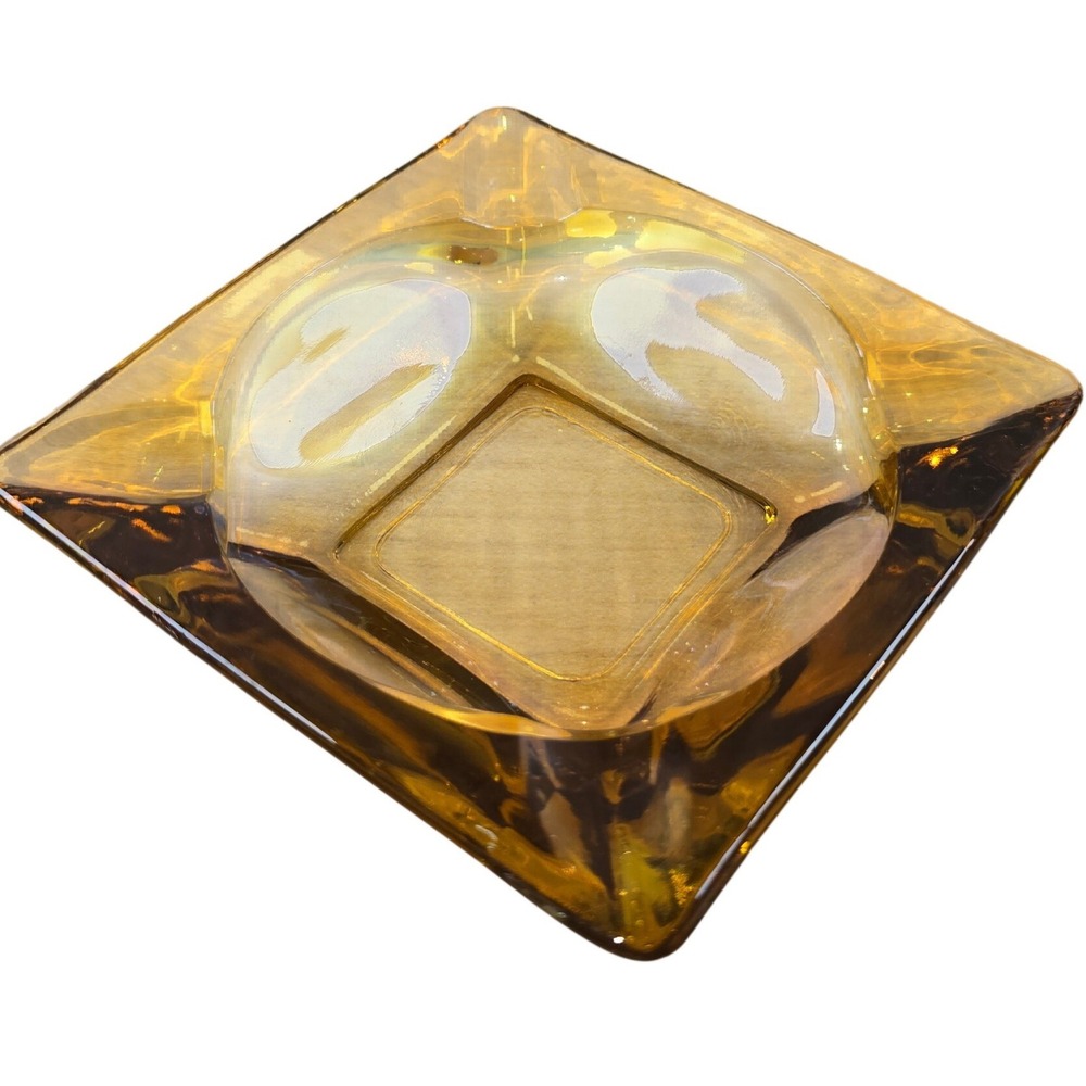 Vintage MCM Square Amber Yellow Ashtray 5" Mid-century modern Glass trinket dish